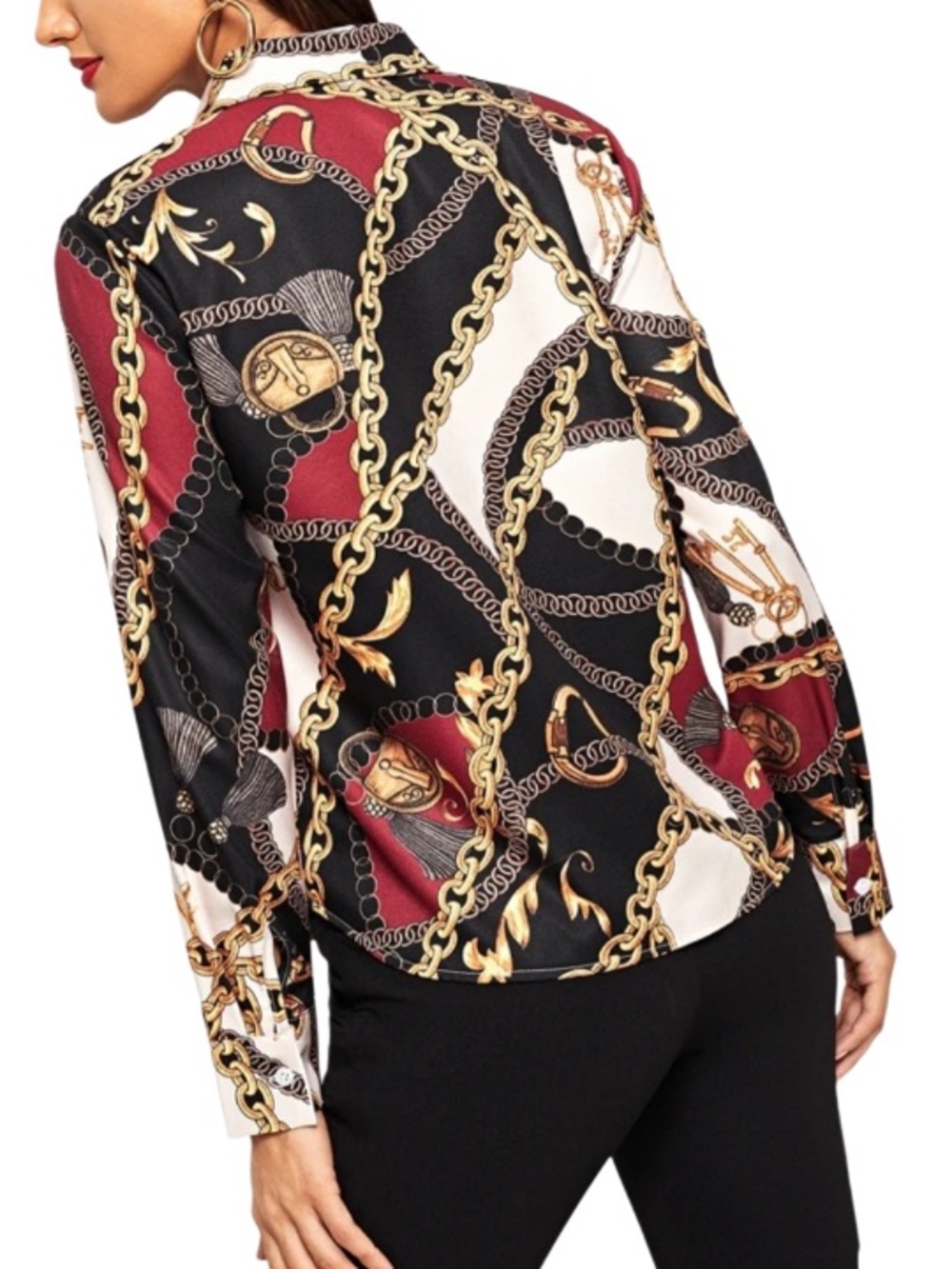Yonda Chain Printed Long Sleeve Button down blouse. Size L. Elegant. - Picture 2 of 4